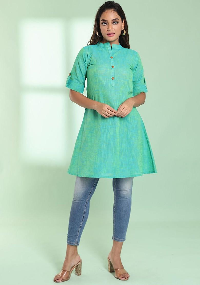 Green Solid Cotton Kurta - Indya