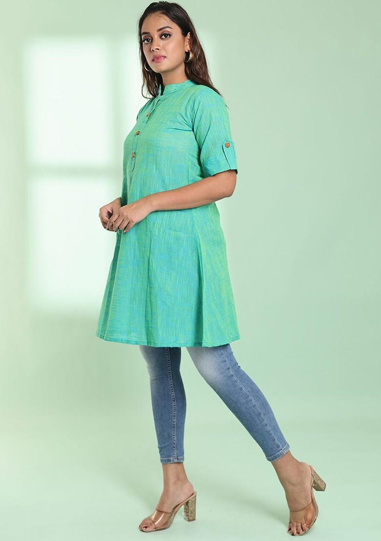 Green Solid Cotton Kurta - Indya