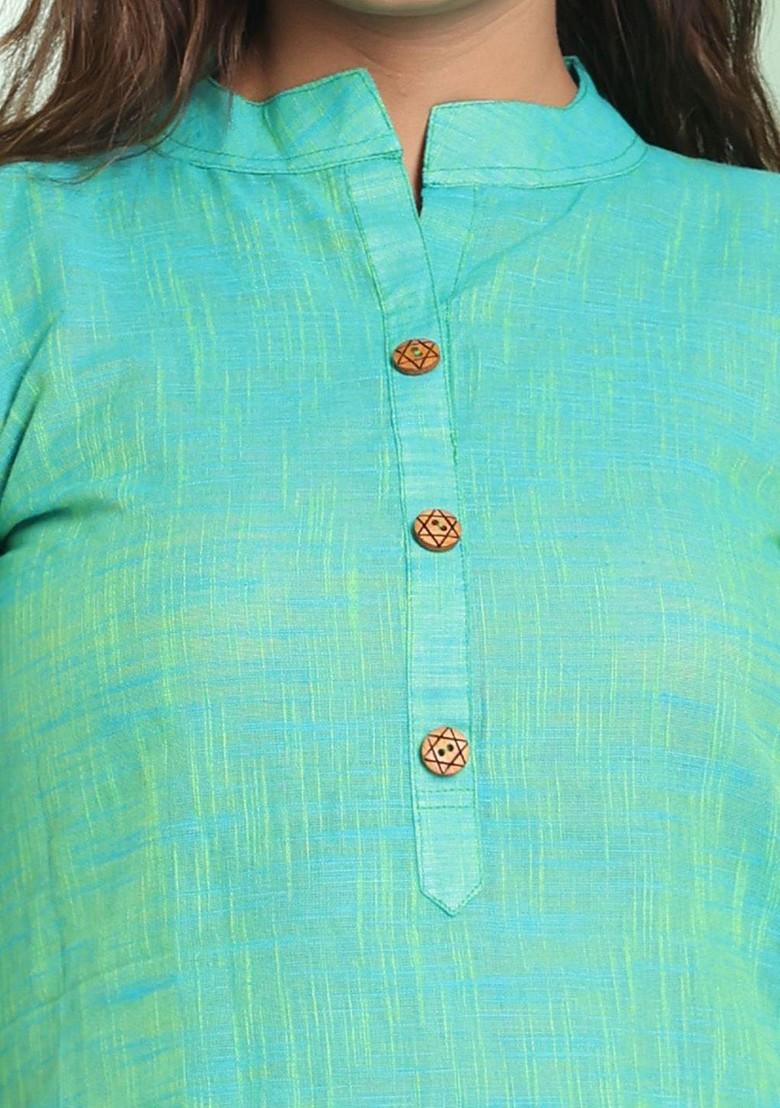 Green Solid Cotton Kurta - Indya