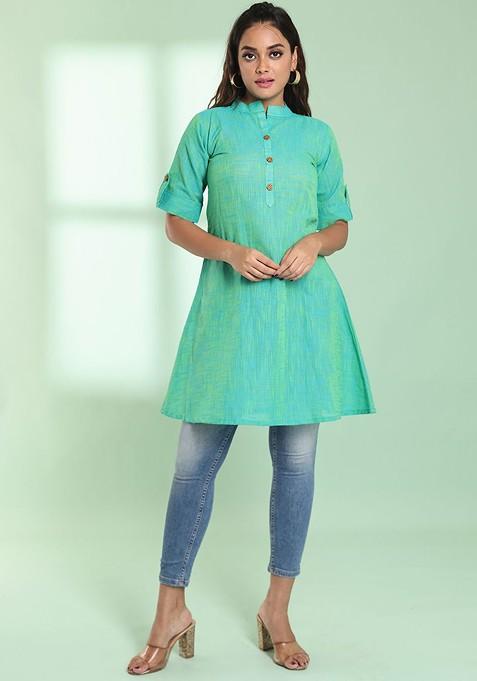 Green Woven Cotton Pathani Kurta