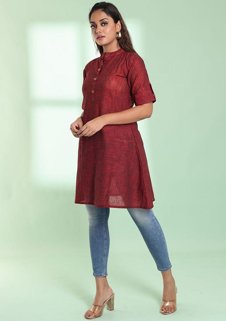 Maroon Woven Cotton Pathani Kurta
