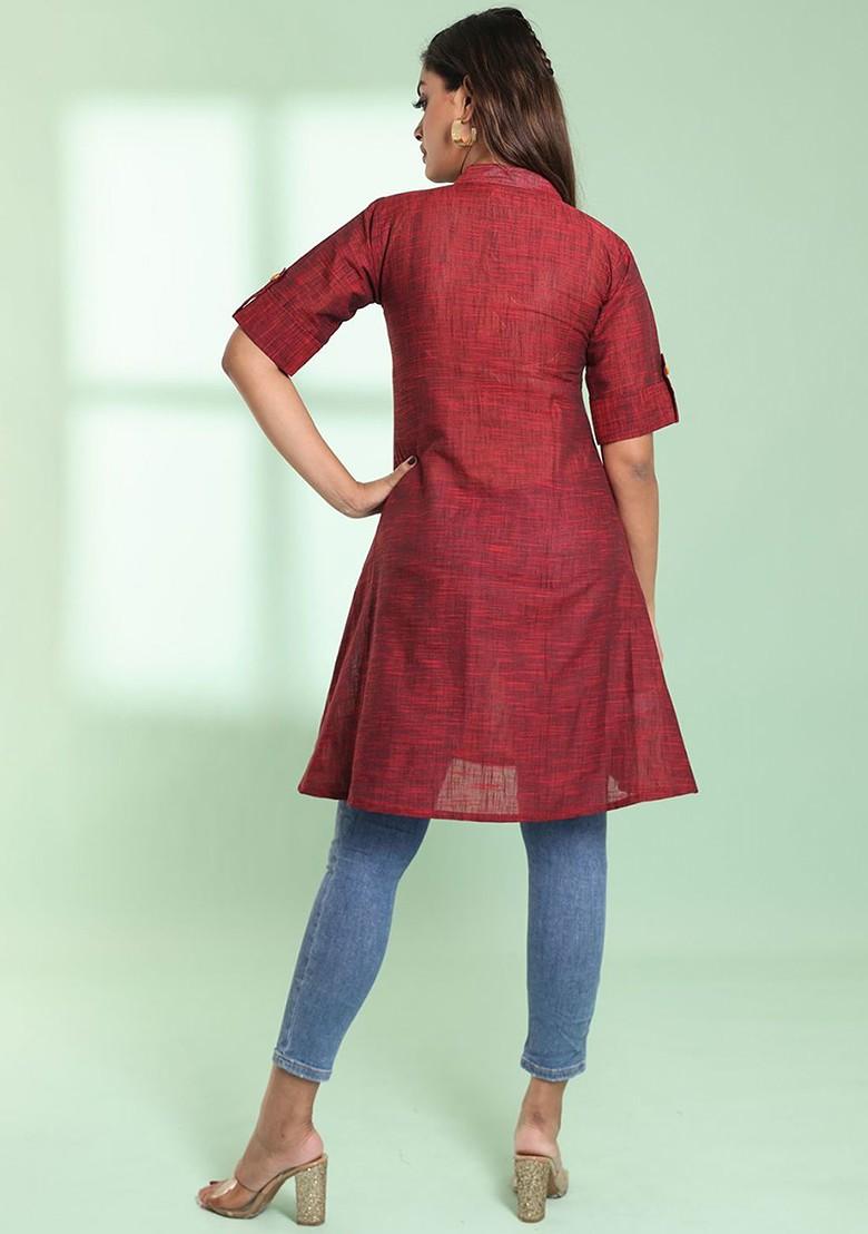 Maroon Woven Cotton Pathani Kurta