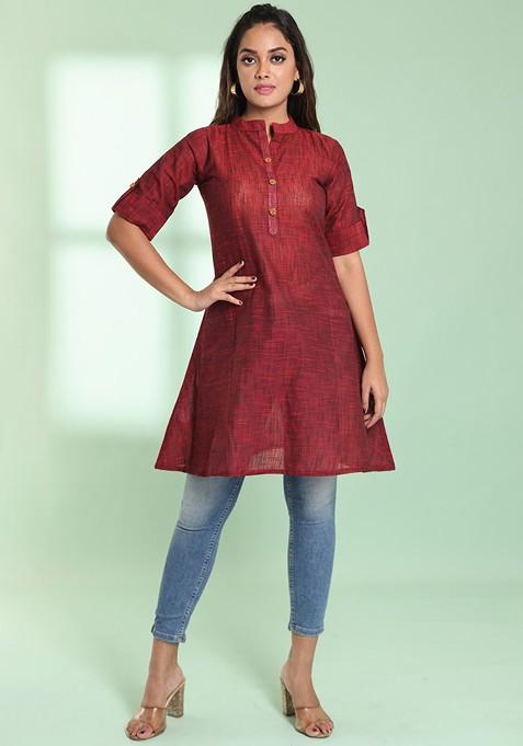 Maroon Woven Cotton Pathani Kurta