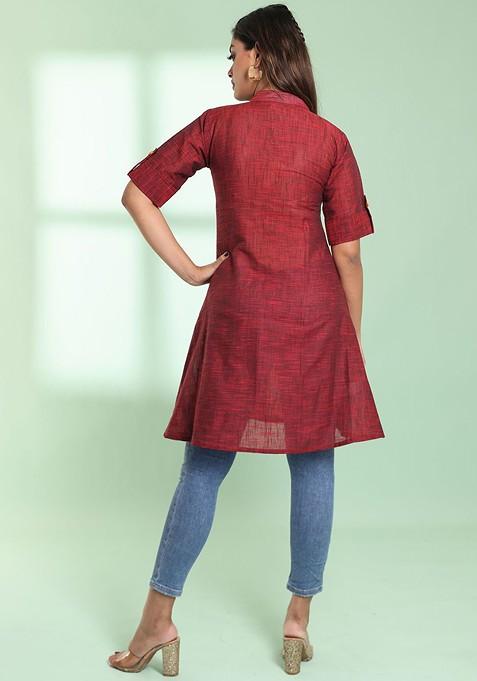 Maroon Woven Cotton Pathani Kurta