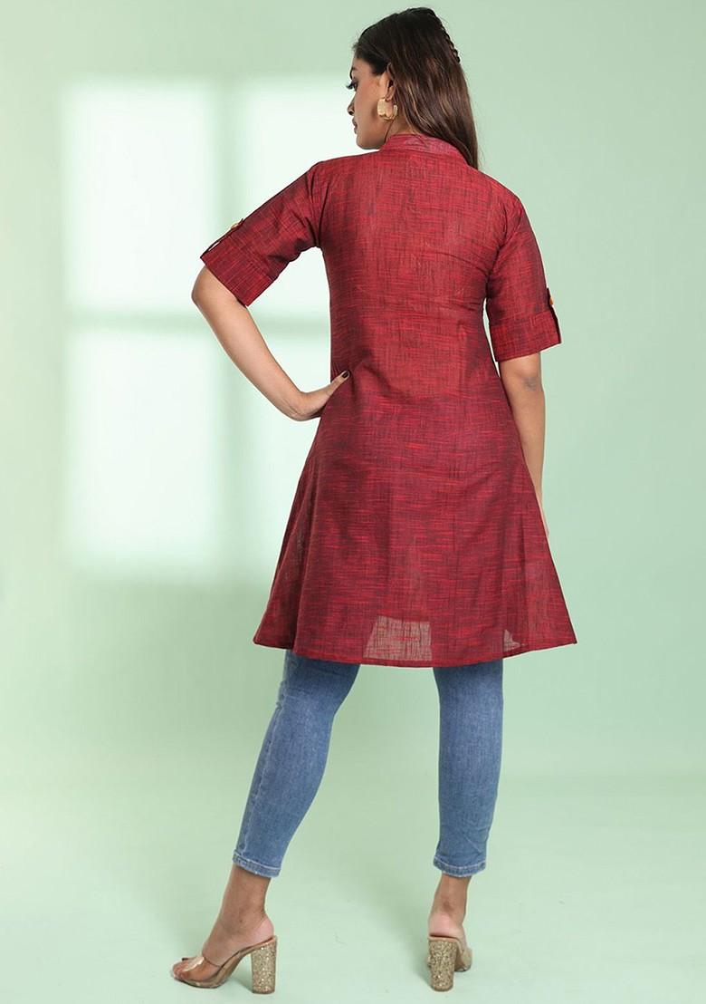 Maroon Abstract Print Cotton A- Line Kurta - Indya
