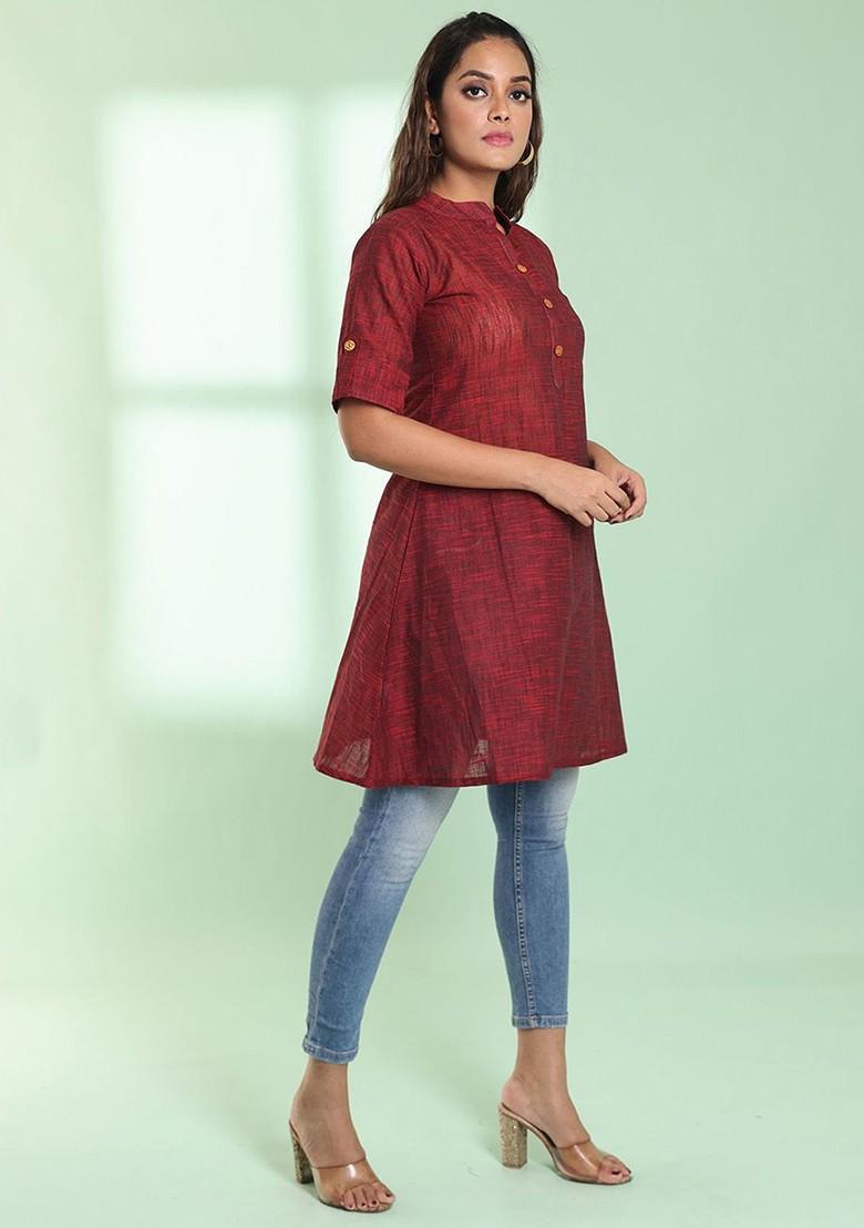 Maroon Abstract Print Cotton A- Line Kurta - Indya