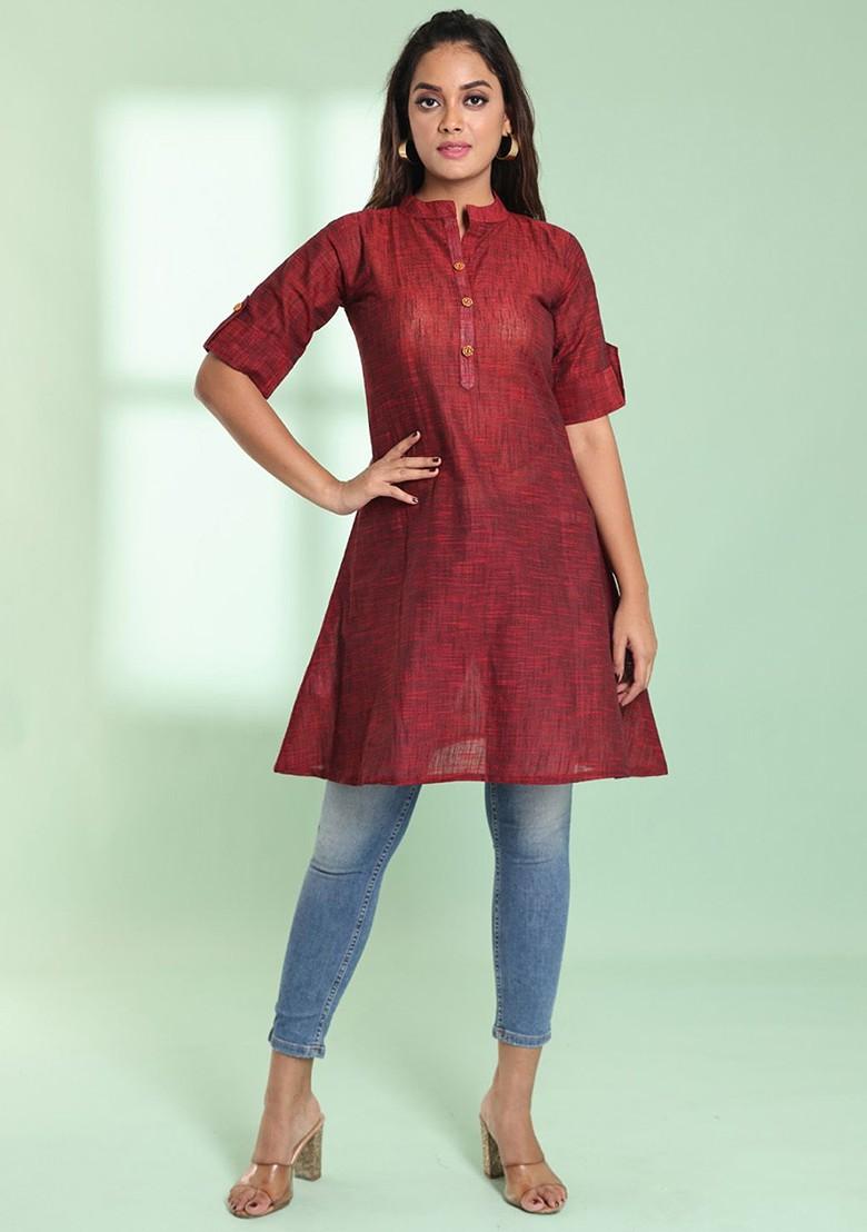 Maroon Abstract Print Cotton A- Line Kurta - Indya