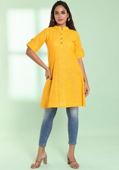 Yellow Woven Cotton Pathani Kurta