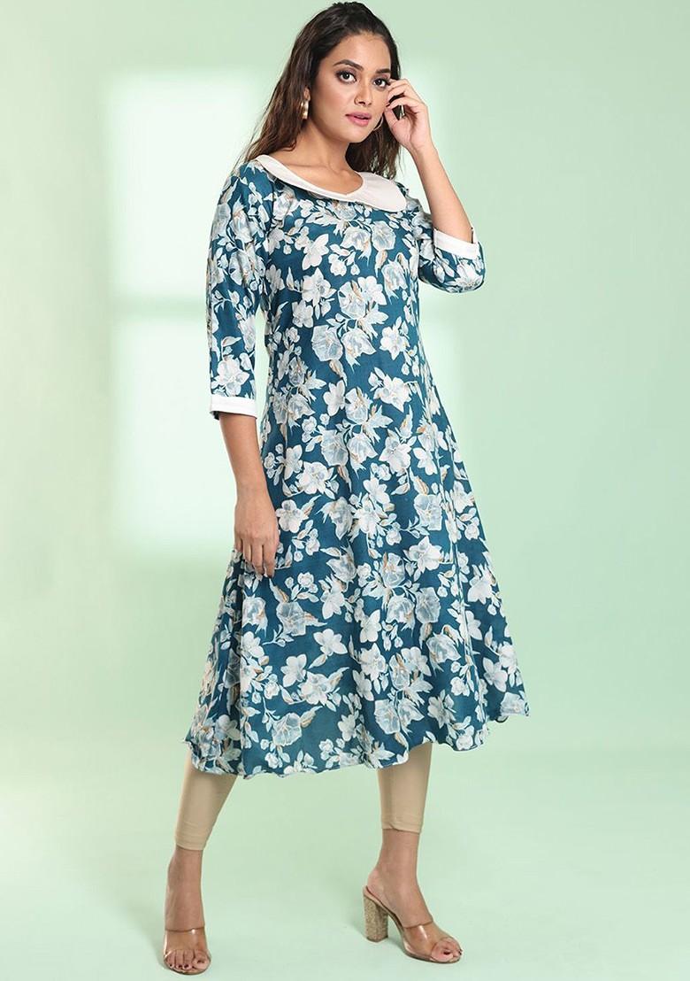Teal Blue Floral Print Rayon A- Line Kurta