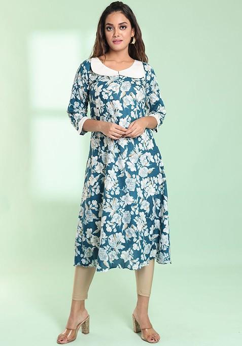 Teal Blue Floral Print Rayon A- Line Kurta