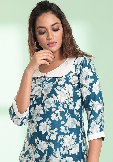 Teal Blue Floral Print Rayon A- Line Kurta