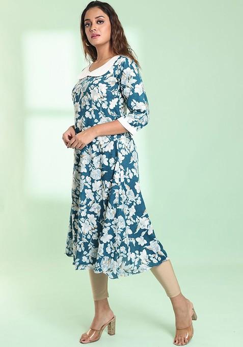 Teal Blue Floral Print Rayon A- Line Kurta