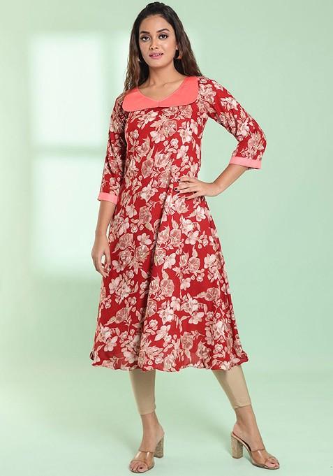 Red Floral Print Rayon A- Line Kurta