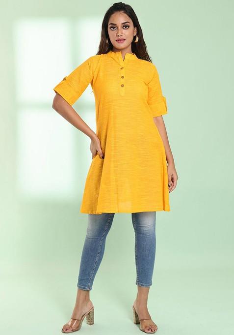 Yellow Self Design Cotton A- Line Kurta