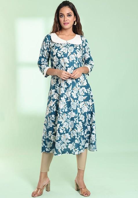 Teal Blue Floral Print Rayon A- Line Kurta