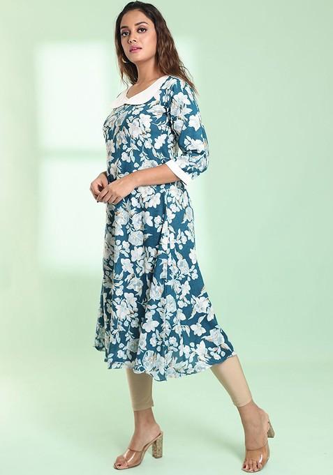 Teal Blue Floral Print Rayon A- Line Kurta