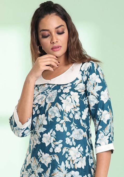 Teal Blue Floral Print Rayon A- Line Kurta