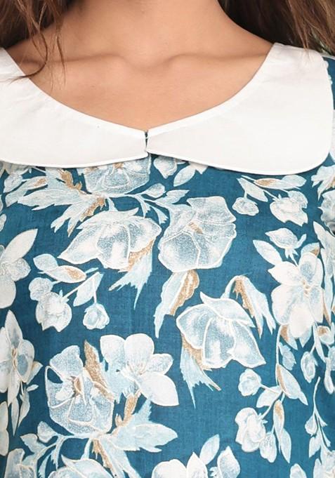 Teal Blue Floral Print Rayon A- Line Kurta