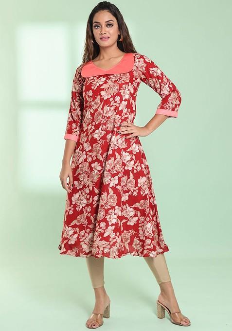 Red Floral Print Rayon A- Line Kurta