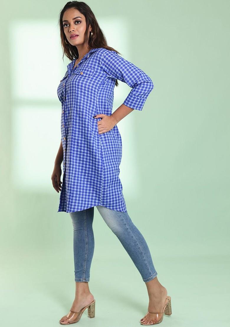 Blue Checked Print Cotton Blend Pathani Kurta