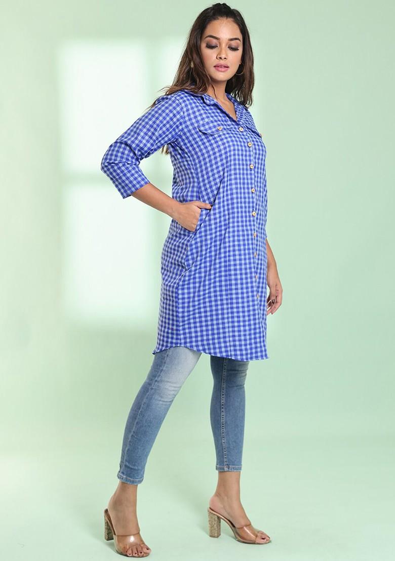 Blue Checked Print Cotton Blend Pathani Kurta