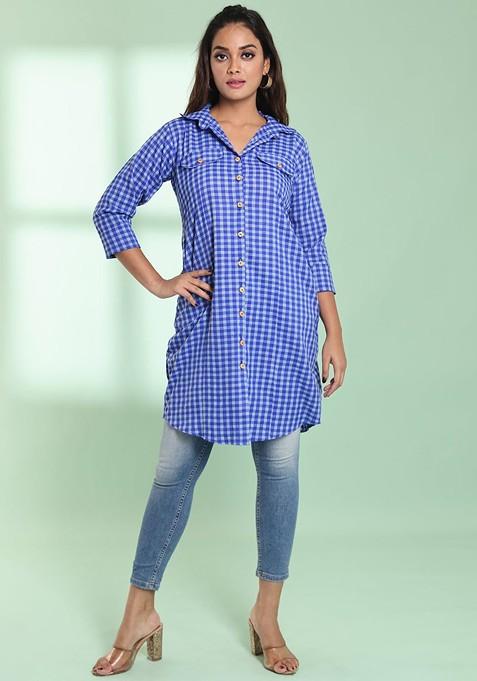 Blue Checked Print Cotton Blend Pathani Kurta