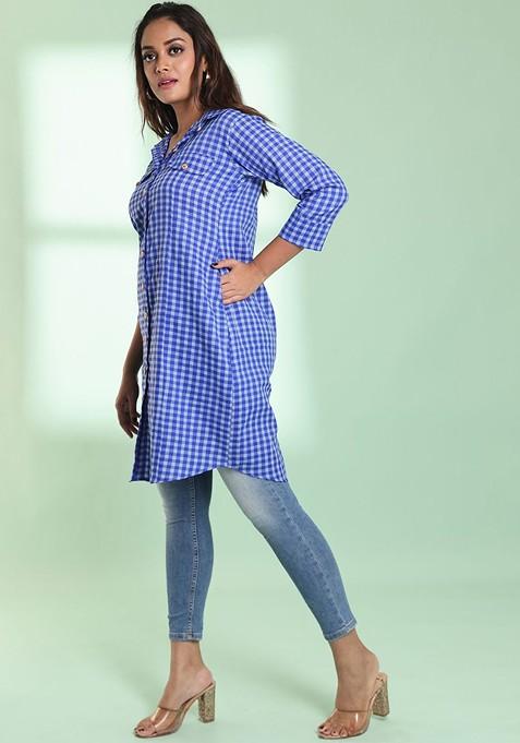 Blue Checked Print Cotton Blend Pathani Kurta