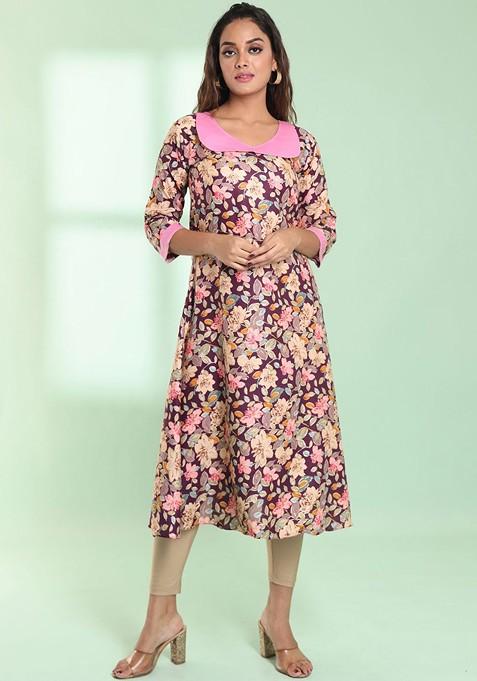 Purple Floral Print Rayon A- Line Kurta