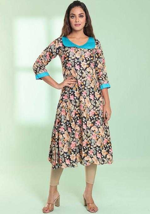 Navy Blue Floral Print Rayon A- Line Kurta