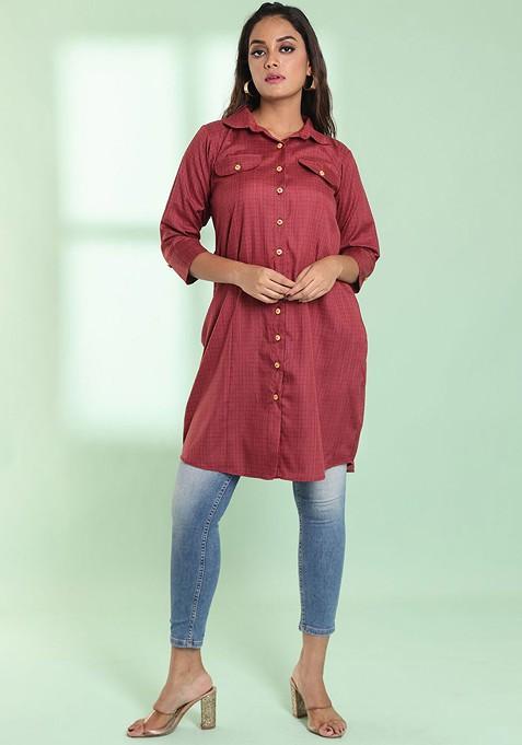 Red Checked Print Cotton Blend Pathani Kurta