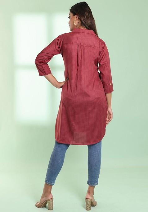 Red Checked Print Cotton Blend Pathani Kurta
