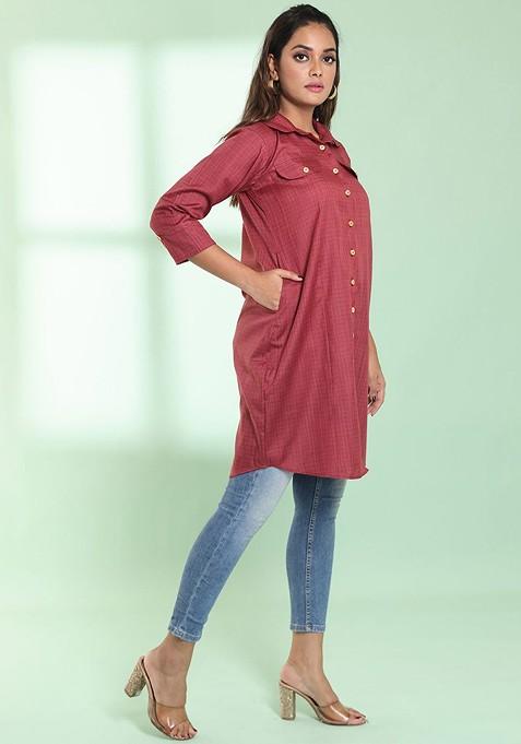 Red Checked Print Cotton Blend Pathani Kurta