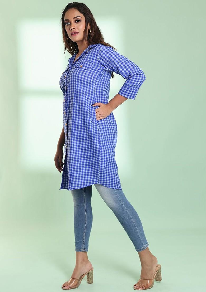 Blue Printed Cotton Blend Pathani Kurta