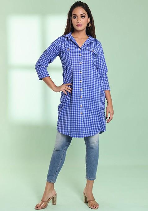 Blue Printed Cotton Blend Pathani Kurta