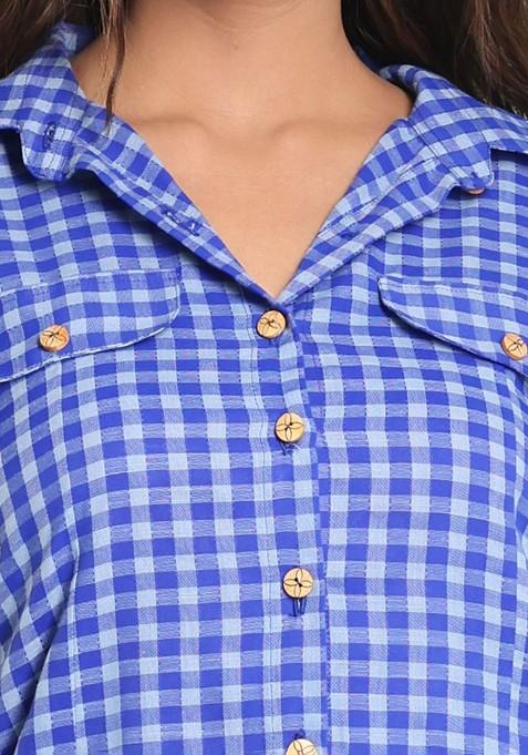 Blue Printed Cotton Blend Pathani Kurta