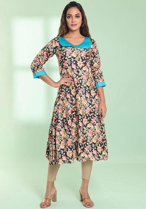 Navy Blue Floral Print Rayon Anarkali Kurta