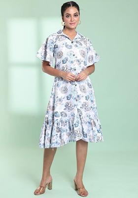 White Floral Print Cotton Gown