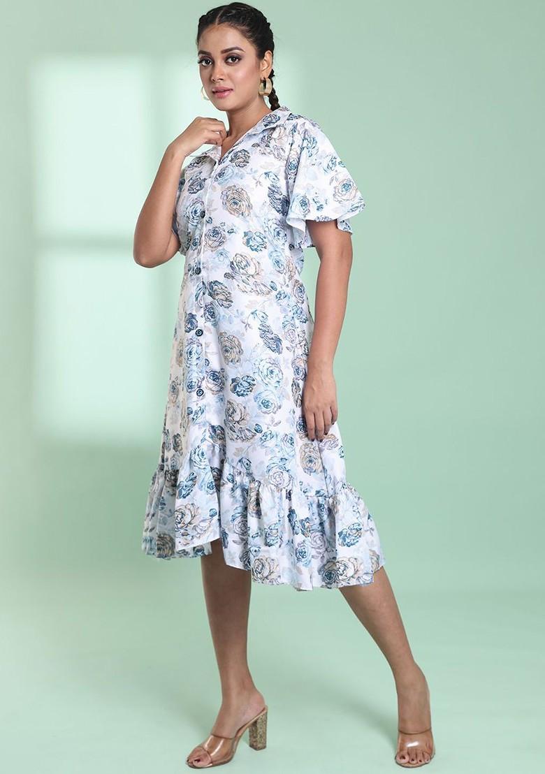 White Floral Print Cotton Blend Dress