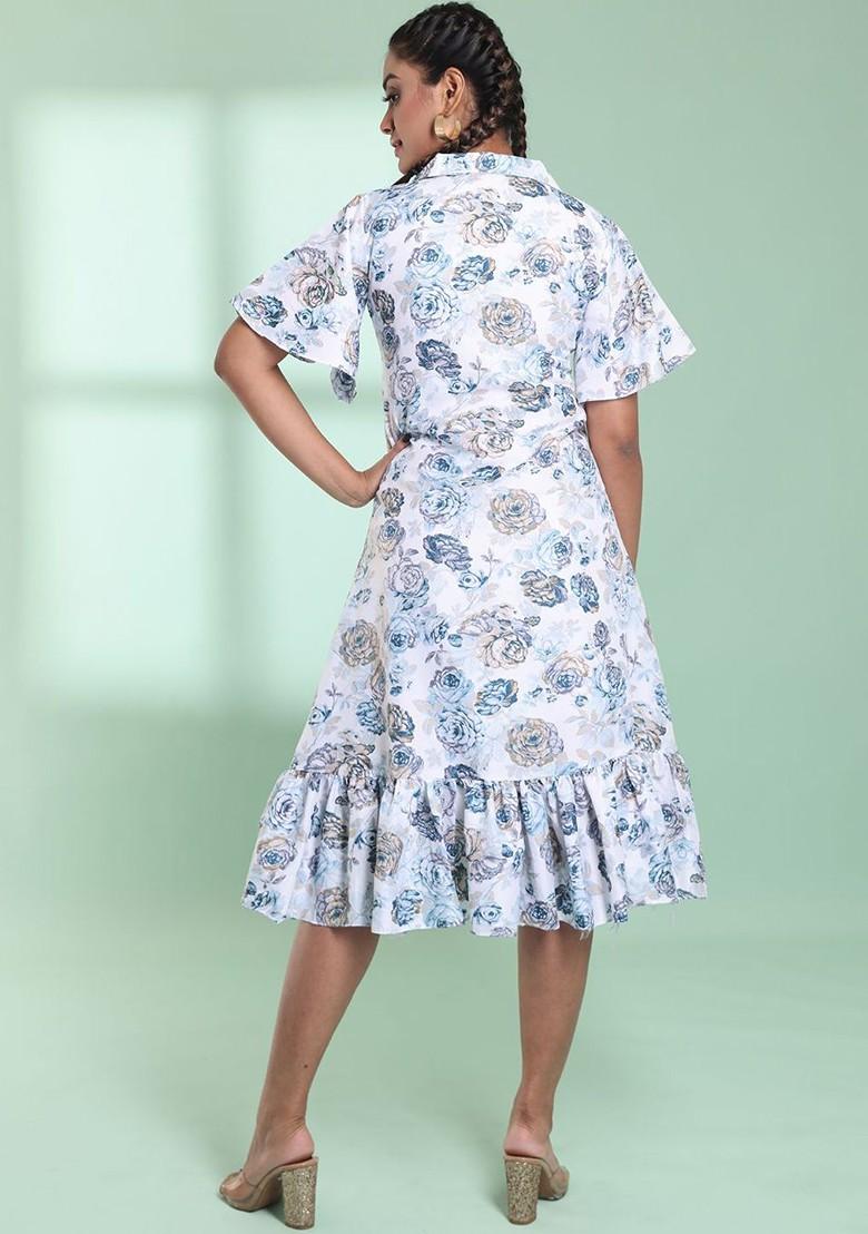 White Floral Print Cotton Blend Dress