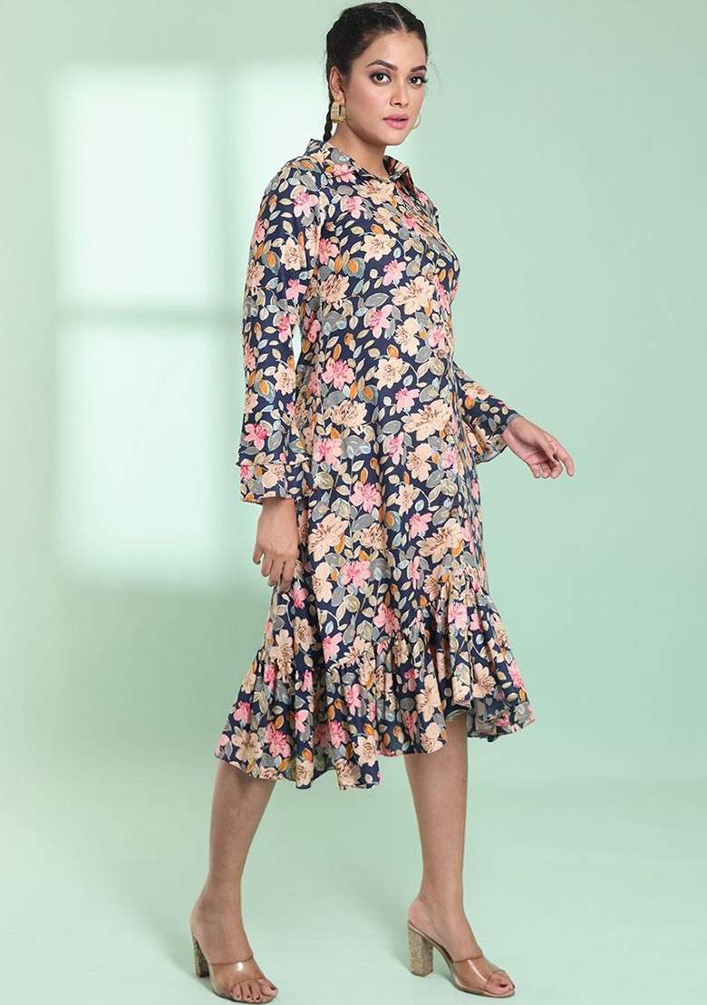 Navy Blue Floral Print Rayon Kurta - Indya