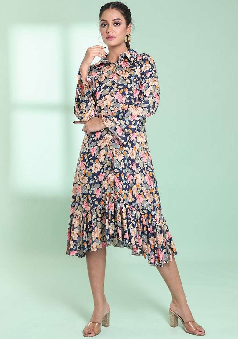 Navy Blue Floral Print Rayon Kurta - Indya