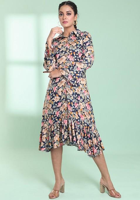 Navy Blue Floral Print Rayon Dress