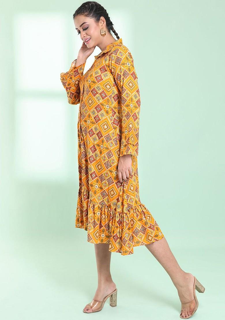 Yellow Printed Rayon Midi Dress