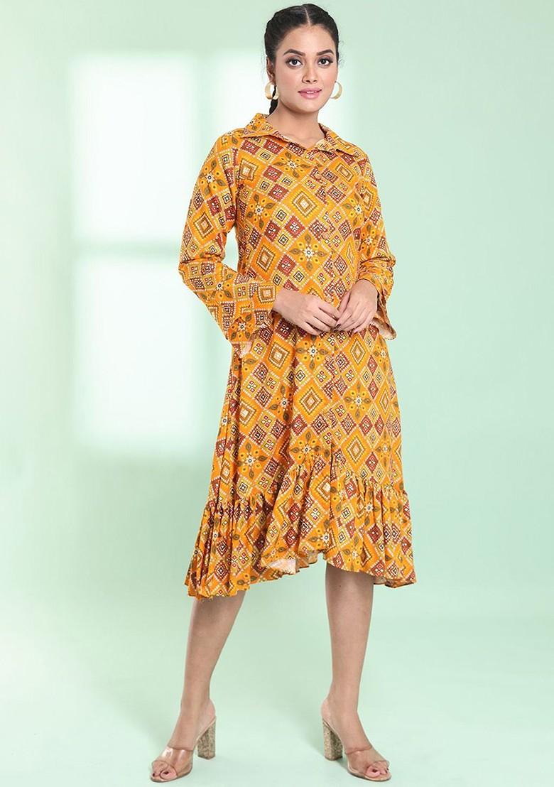 Yellow Printed Rayon Midi Dress