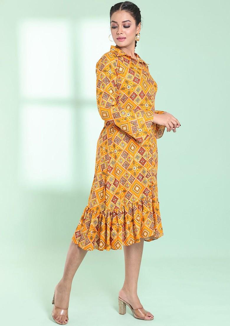 Yellow Printed Rayon Midi Dress