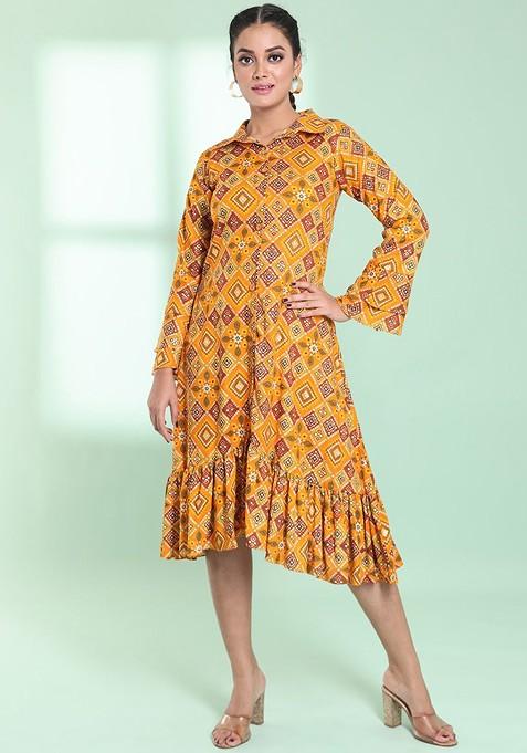 Yellow Printed Rayon Midi Dress