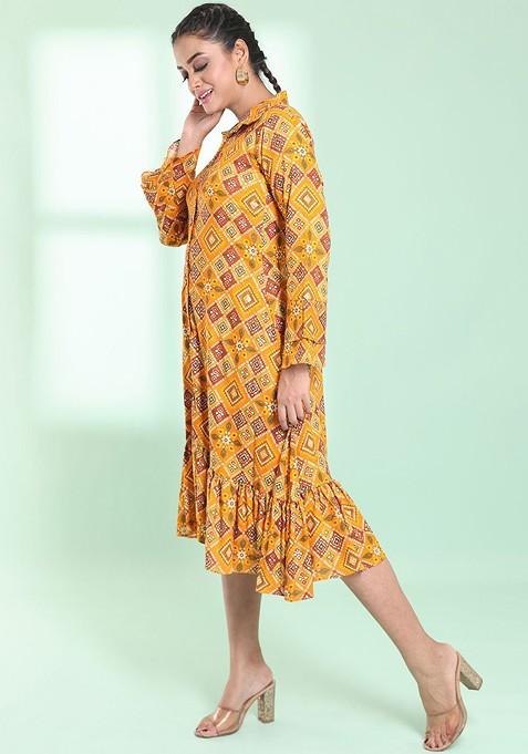 Yellow Printed Rayon Midi Dress