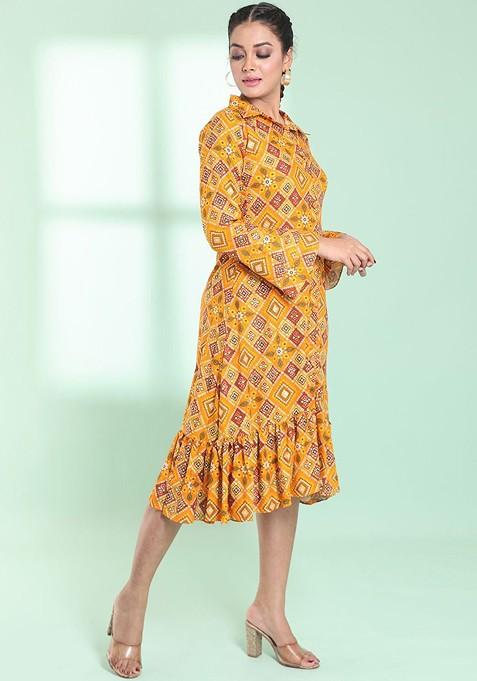 Yellow Printed Rayon Midi Dress