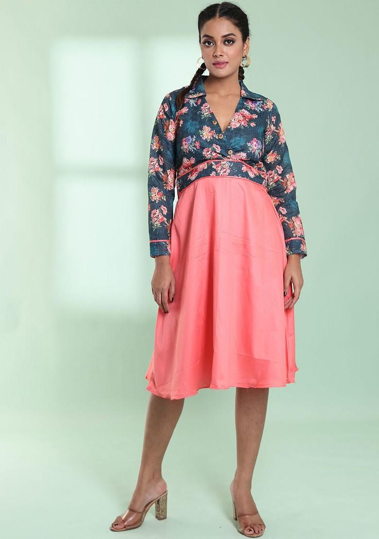 Peach Floral Print Cotton Dress