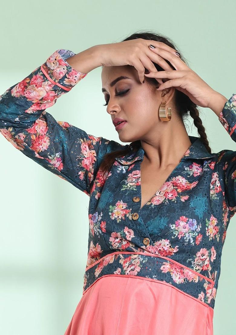 Peach Floral Print Cotton Dress